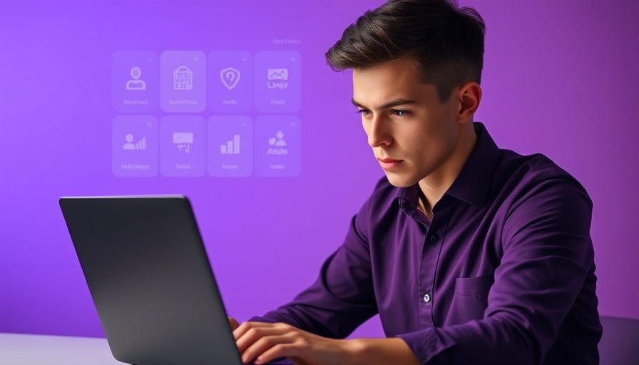 Young man managing retail customer data on laptop with icons, Retail Customer Data Management theme.