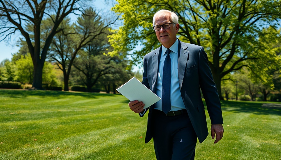 Man in suit walking on lawn, directing attention, daylight scene.