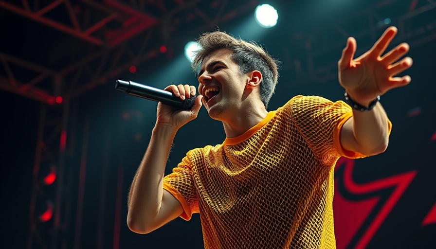 Energetic singer performing live in yellow mesh shirt.