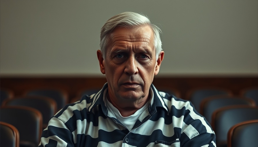 Older man in prison attire with a serious expression in a courtroom setting.