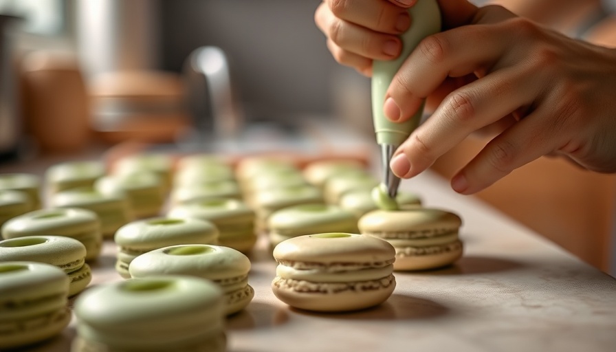 Close-up of hands piping green macarons in kitchen, creative process.