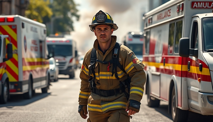 Firefighter amidst emergency vehicles at Michigan incident.