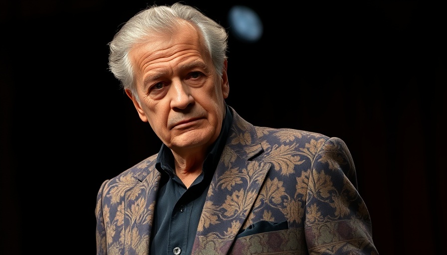 Distinguished older man in ornate jacket, serious on stage.