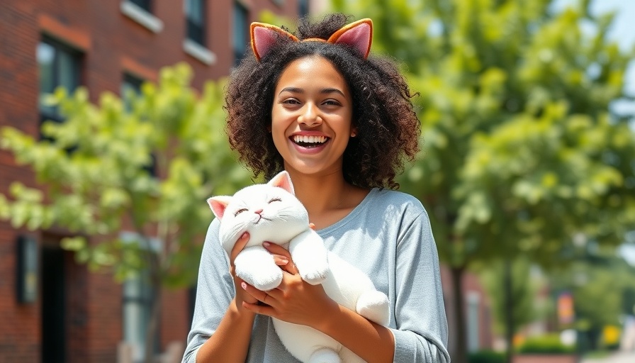 Smiling woman in cat ears with plush toy outdoors, Gabby's Dollhouse theme.