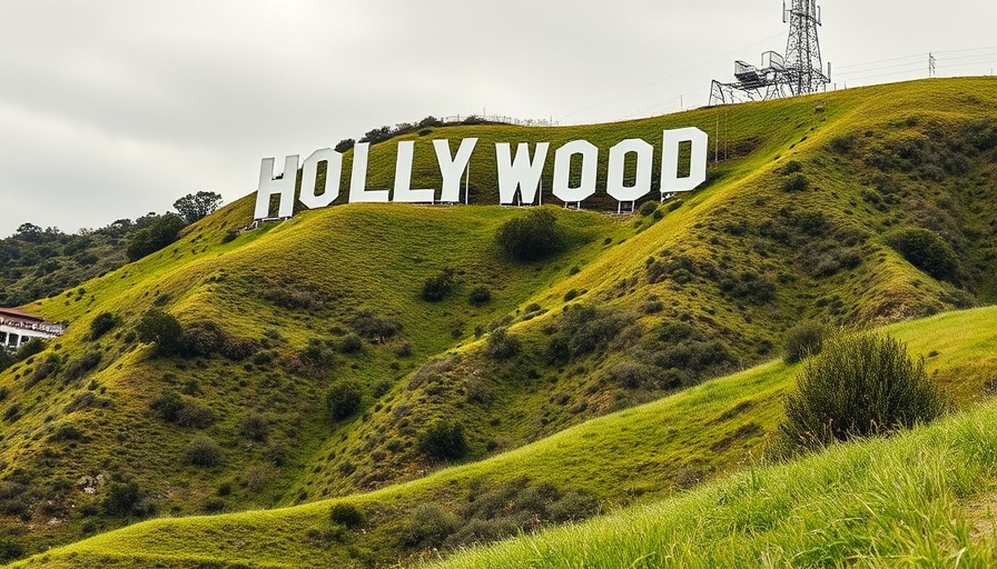 Hollywood sign on a hill, representing film industry.