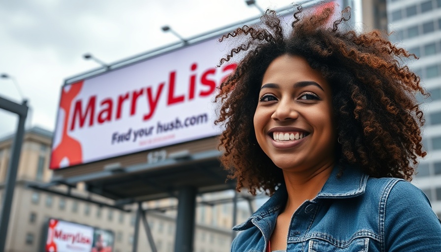 Curly-haired woman smiles in front of 'MarryLisa.com' billboard.