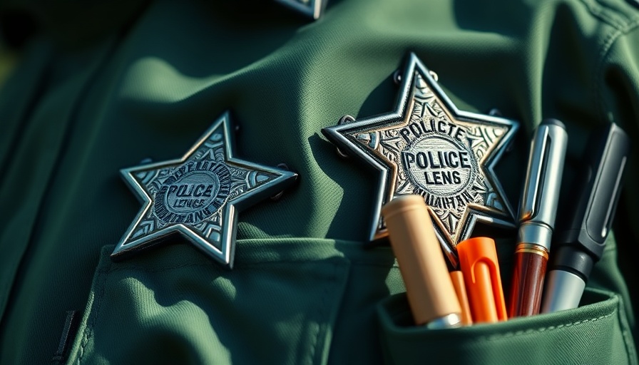 Close-up of law enforcement badge and uniform, highlighting delays in concealed carry permit processing.