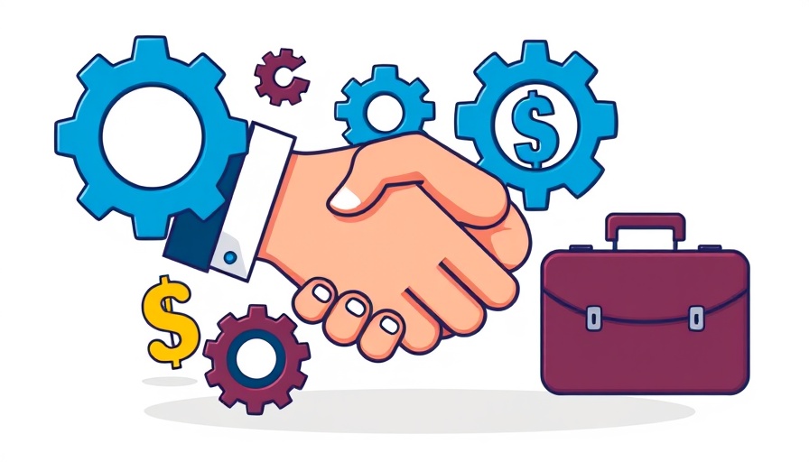 Cartoon handshake icon symbolizing mergers and innovative strategies for business growth.