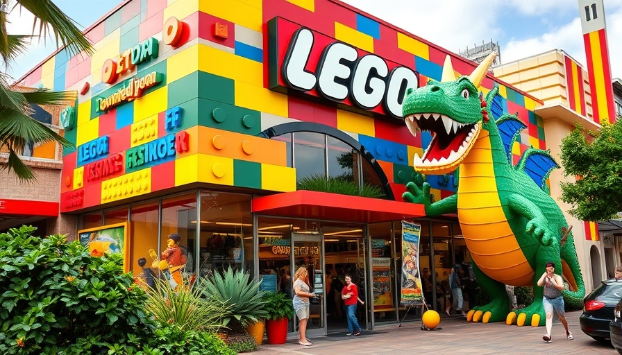 Dynamic Lego Store at Downtown Disney with vibrant sculptures.
