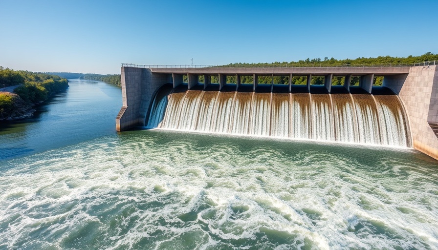 Modern dam with cascading water, clear river backdrop.