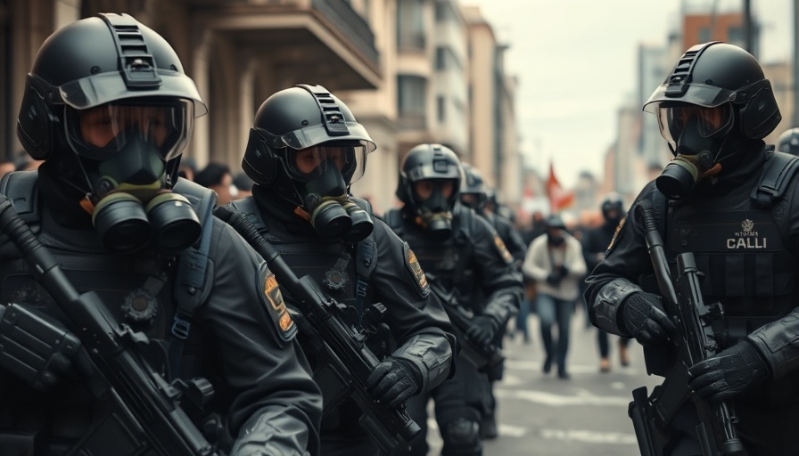 Armored officers during tense protest scene in urban area.