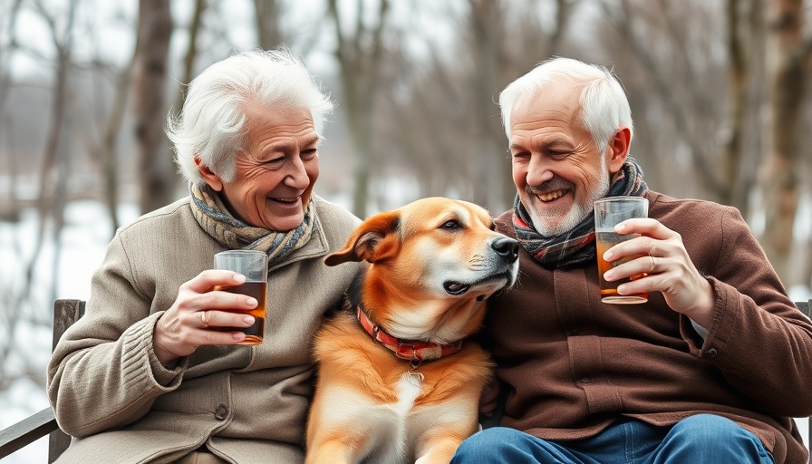 Elderly couple with dog, enjoying drink outdoors, winter setting.