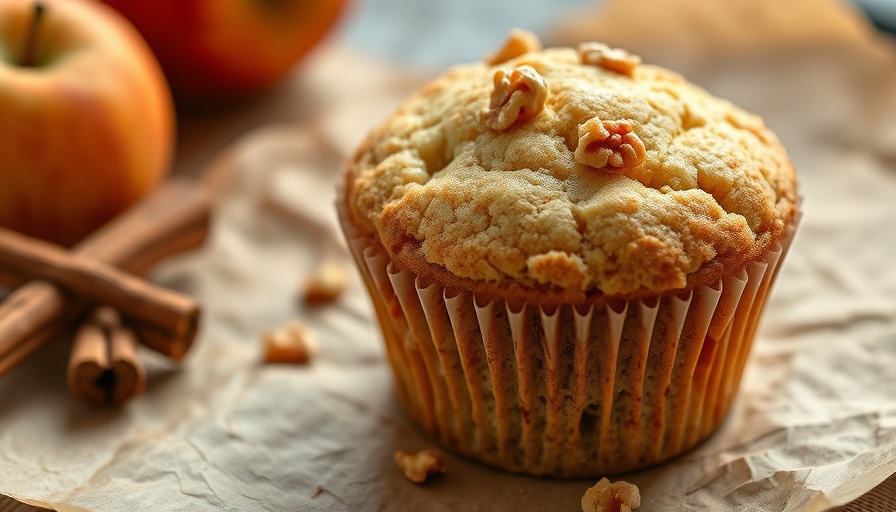 Close-up of healthy apple cinnamon protein muffin with walnuts.