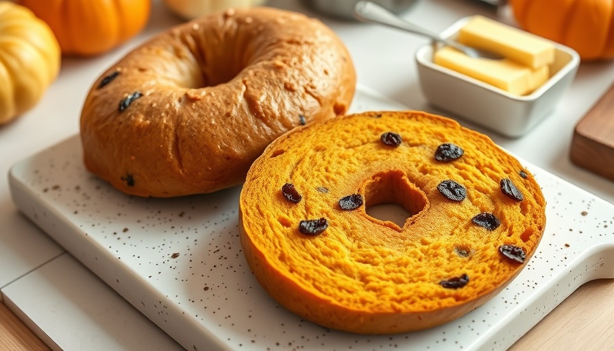 Golden-brown high protein pumpkin bagels with raisins on a cutting board.