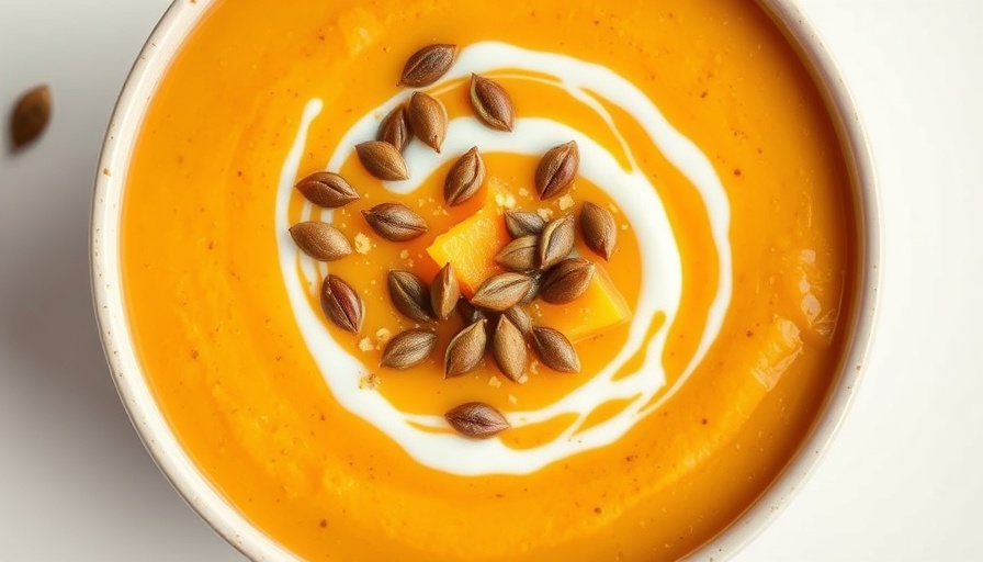 Easy Creamy Butternut Squash and Pear Soup garnished with seeds.