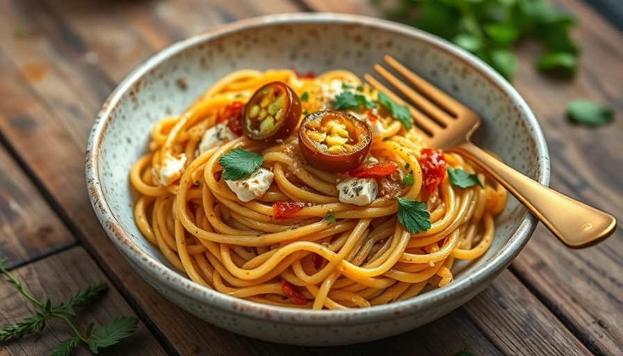 Spicy brown butter goat cheese pasta with jalapeños in a rustic bowl.