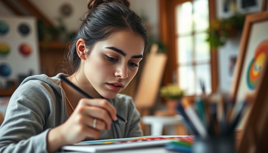 Focused young woman painting with watercolors; arts promote health and tackle non-communicable diseases.