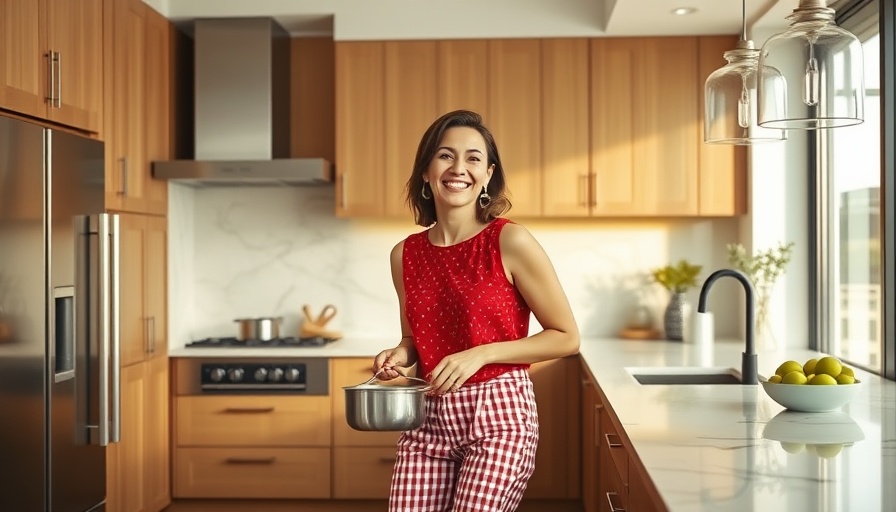 Smiling woman cooking in stylish kitchen with must-have essentials.