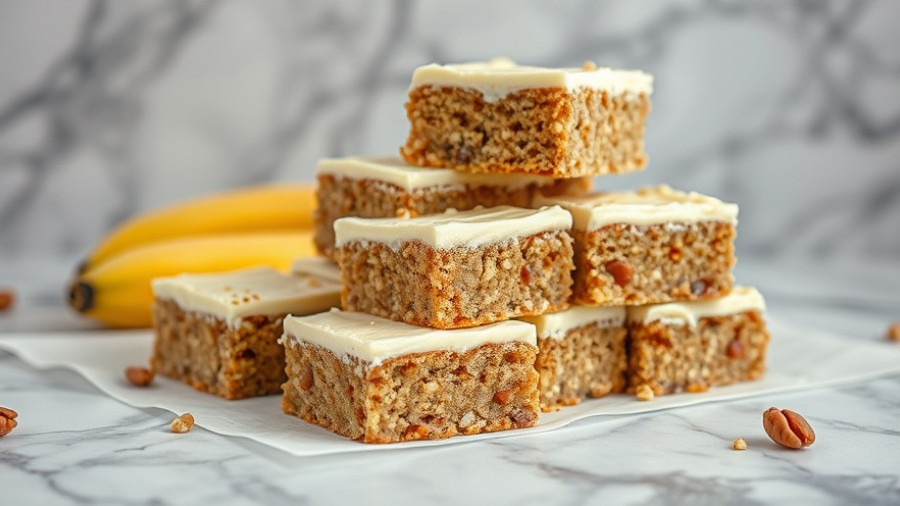 Healthy Banana Nut Cake Bars with creamy frosting stacked elegantly.