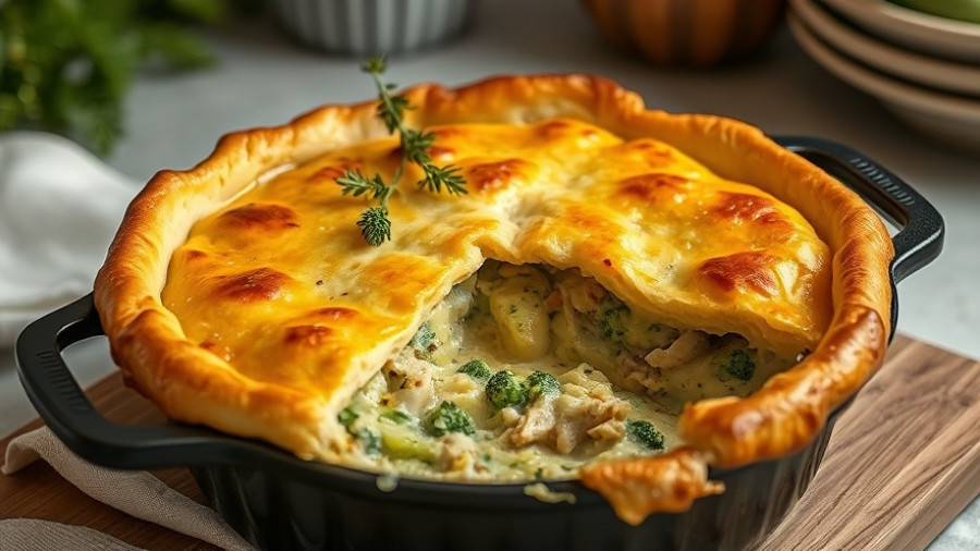 Cheddar Broccoli Chicken Pot Pie with golden crust in skillet.