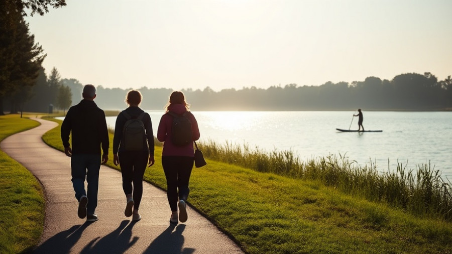 Silhouetted figures walking on a lakeside path highlight 4,000 steps a day health benefits.