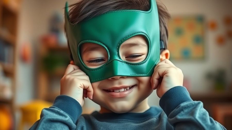 Preschool child adjusts green superhero mask in playful setting.