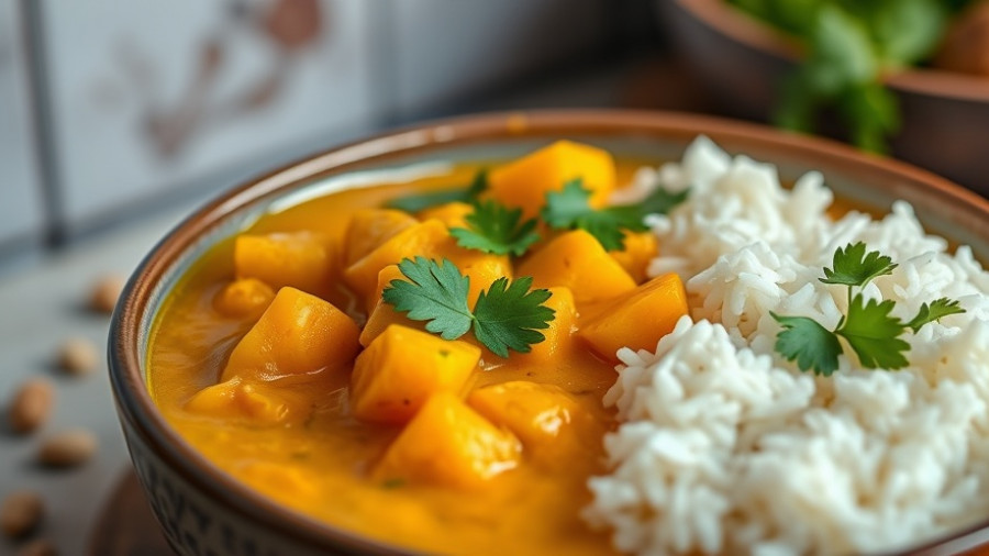 Butternut squash yellow curry with rice and cilantro.