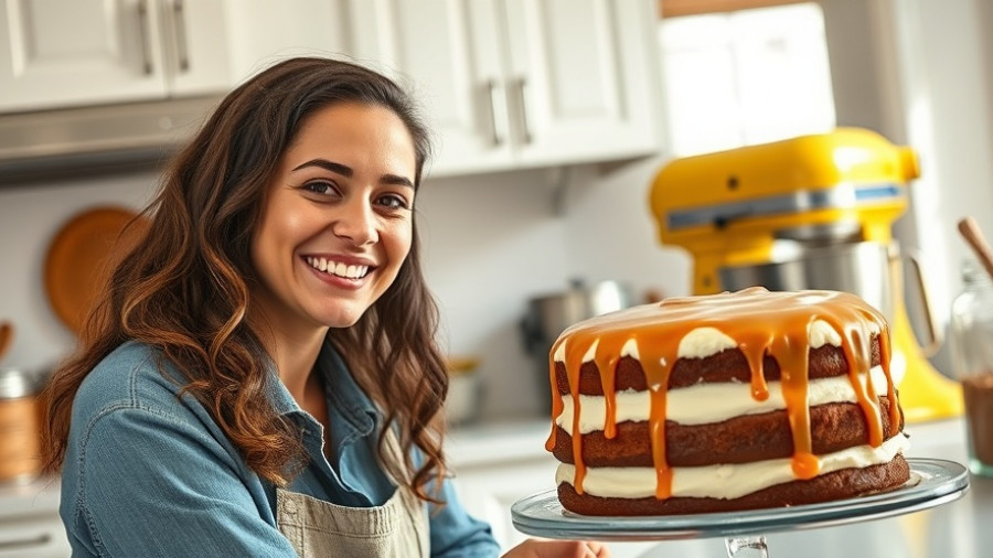 Young woman with cake and baking tools in Myrtle Beach kitchen.