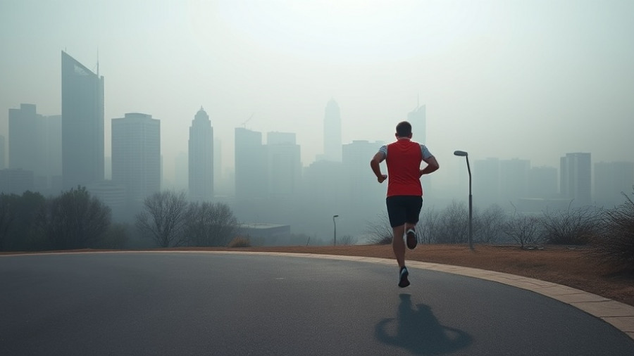 Hazy skyline and runner highlight climate inaction health impact.