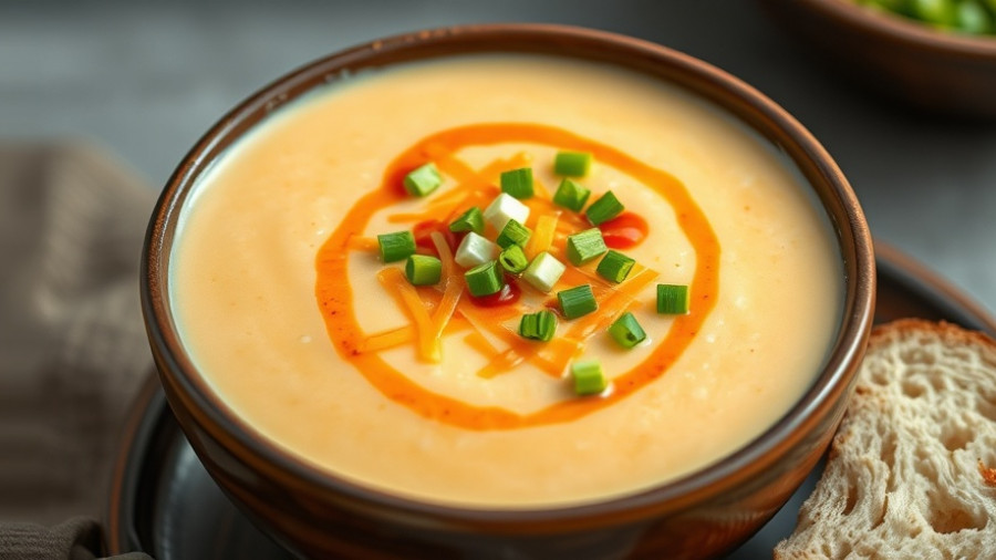 Delicious cheddar buffalo cauliflower soup in a rustic bowl.