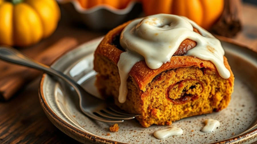 Delicious pumpkin cinnamon roll with icing on a rustic plate.