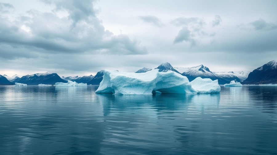 Solastalgia mental health concept: iceberg in serene landscape under cloudy sky.