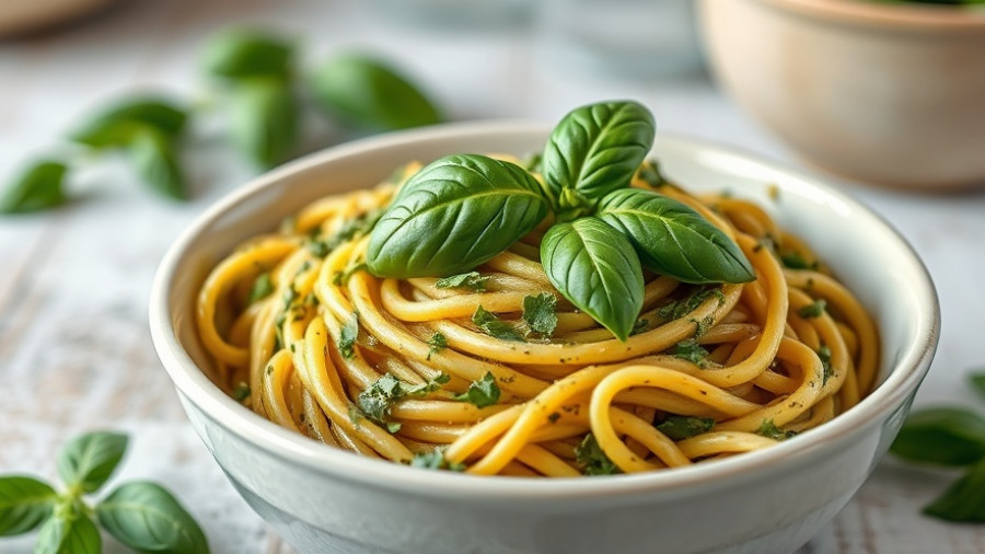 High protein pesto pasta garnished with basil in a ceramic bowl.