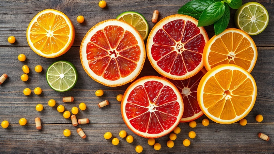 Vibrant sliced citrus fruits, beads, and capsules on wood surface.