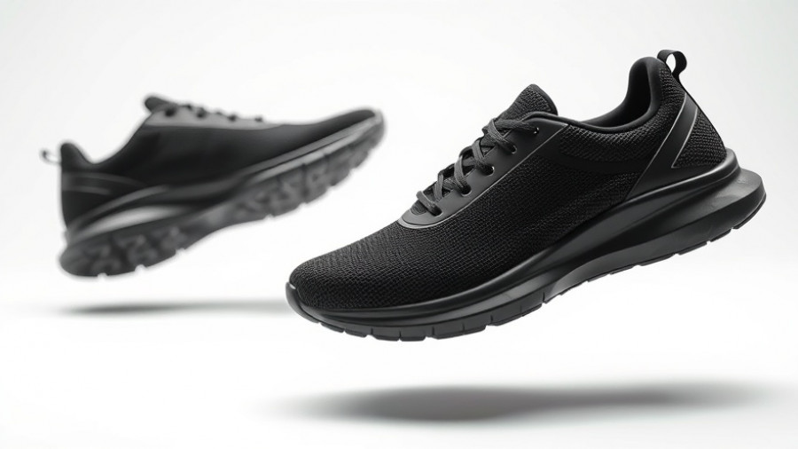 Stylish black running shoes in motion on a white background.