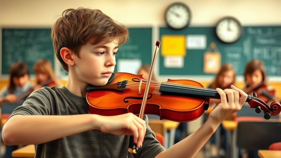Teen playing violin in music class, promoting adolescent substance misuse prevention.