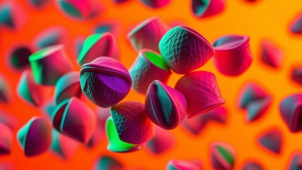 Neon coffee pods showcasing microplastics in a vibrant abstract design.