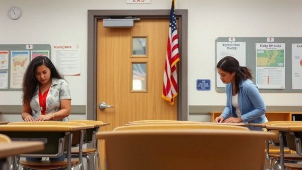Teachers preparing the classroom for trauma-informed active shooter drills.