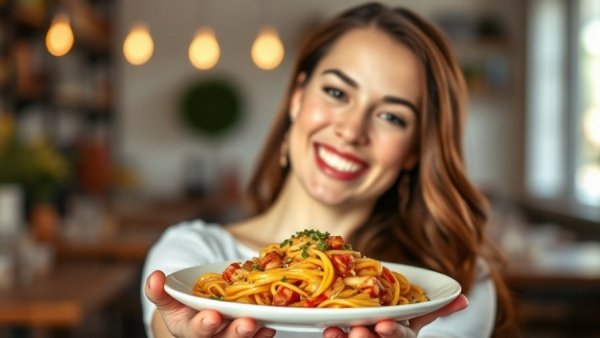 Woman presenting pasta dish with a smile, vibrant colors.