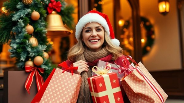Woman with Santa hat and gift bags for Holiday Gift Guide 2025.