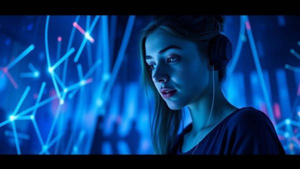 Immersive digital art with woman exploring light projections.