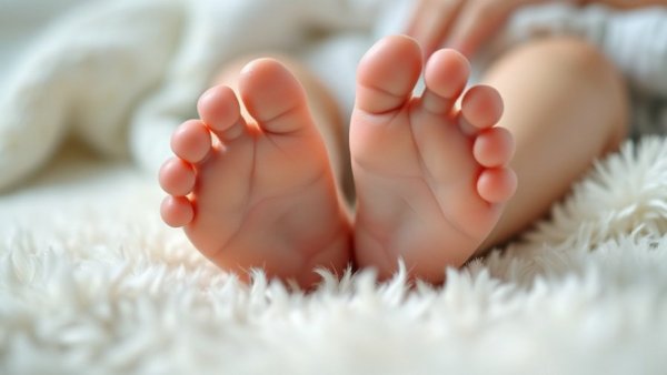 Close-up of baby feet, conveying calm and comfort, photorealistic.