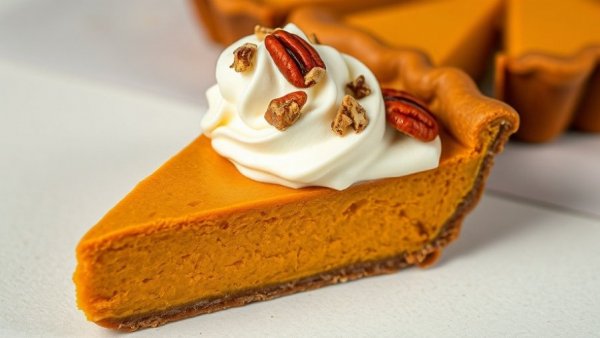 Delicious pumpkin pie with cream and pecans, perfect Thanksgiving dessert.