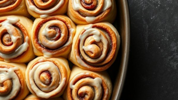 Freshly baked healthy cinnamon rolls with icing on a dark surface.