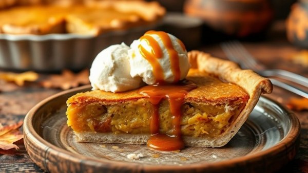 Delicious Bourbon Salted Caramel Pear Pie with ice cream and caramel drizzle.