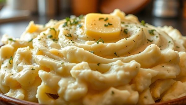 Creamy garlic slow cooker mashed potatoes with butter and herbs.