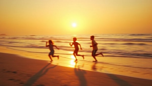 Children creating ghostly motion blur at sunset beach.