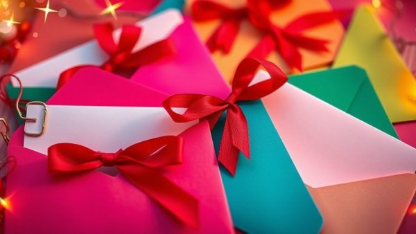 Colorful holiday cards with ribbons and sparkles