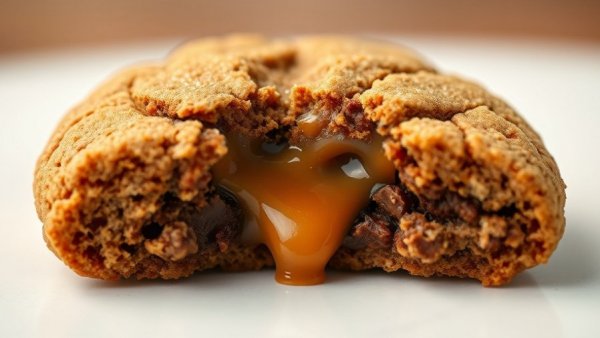 Salted caramel stuffed chocolate snickerdoodle cookie with caramel oozing out.
