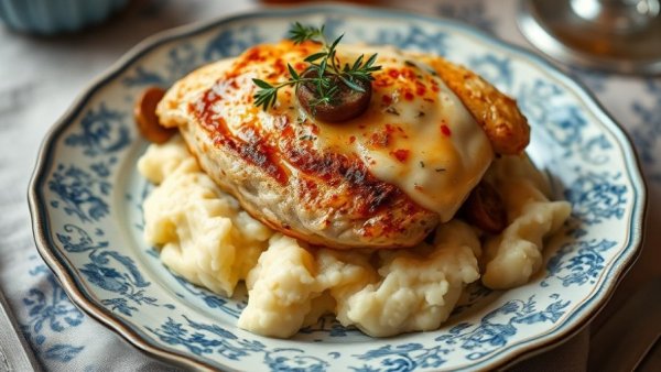 30 Minute Skillet Chicken with Parmesan Mushroom Gravy on a floral plate.